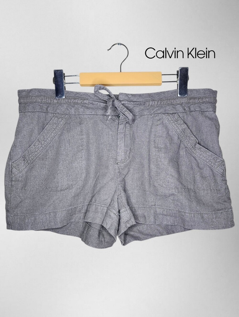 CALVIN KLEIN Gray Drawstring Linen Shorts - 8